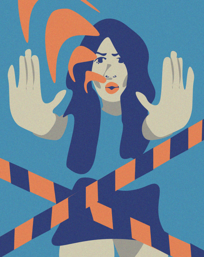 Image of girl with hands up, caution tape in front of her as she speaks to the viewer